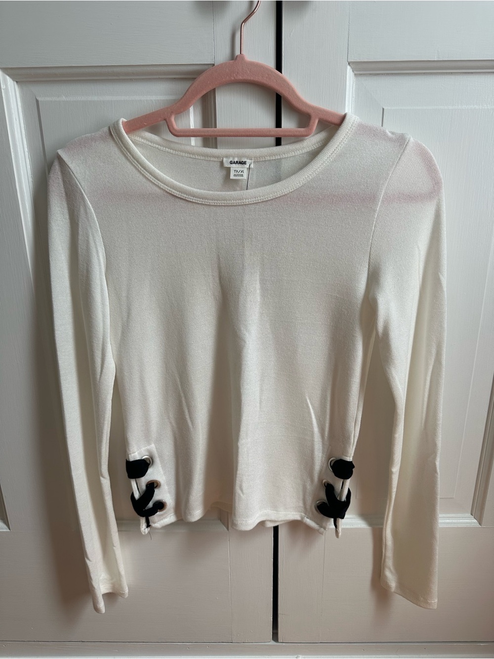 Garage Cream Long-Sleeve Top with Black Side Lace Accents